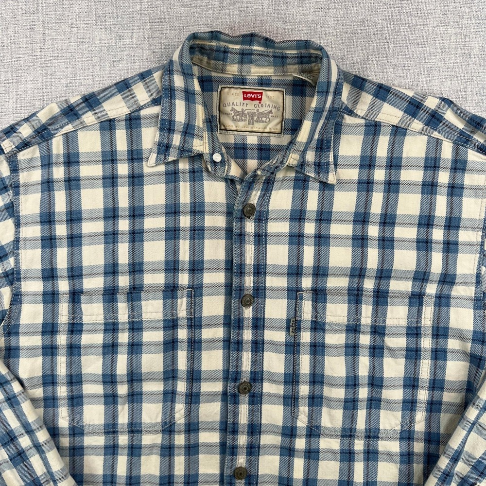 Vintage 90s Levi's Plaid Flannel Shirt Men S Blue Cream Cotton Workwear Grunge
